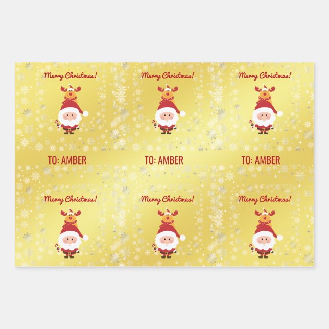 Cute Funny Modern Rudolph Santa Personalized Name  Wrapping Paper Sheet (Front)