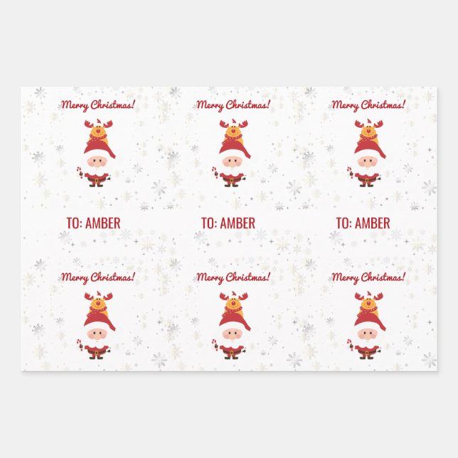 Cute Funny Modern Rudolph Santa Personalized Name  Wrapping Paper Sheet (Front)
