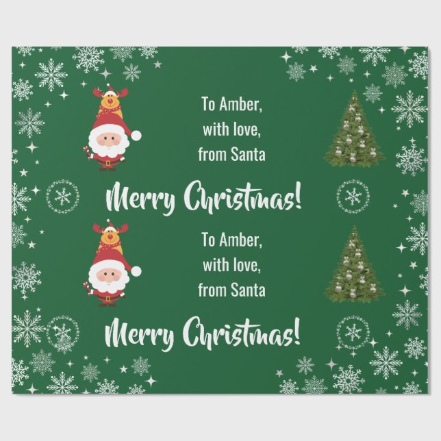 Cute Funny Modern Santa Rudolph Personalized Name  Wrapping Paper (Flat)