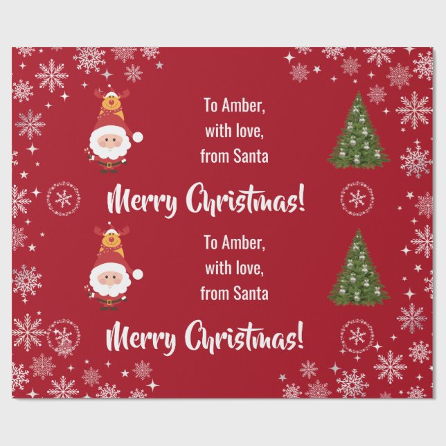 Cute Funny Modern Santa Rudolph Personalized Name  Wrapping Paper (Flat)