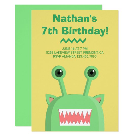 Cute Funny Monster Green Yellow Birthday Party Card