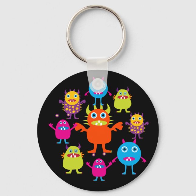 Cute Funny Monster Party Creatures in Circle Keychain (Front)