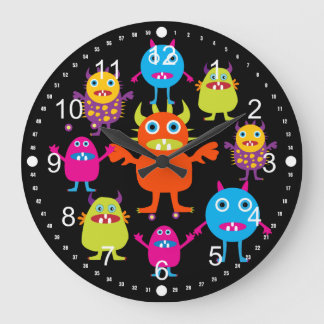 Cute Funny Monster Party Creatures in Circle Large Clock