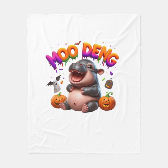 Cute & Funny MOO DENG Baby Hippo Pumpkin Ghost Hal Fleece Blanket (Front)