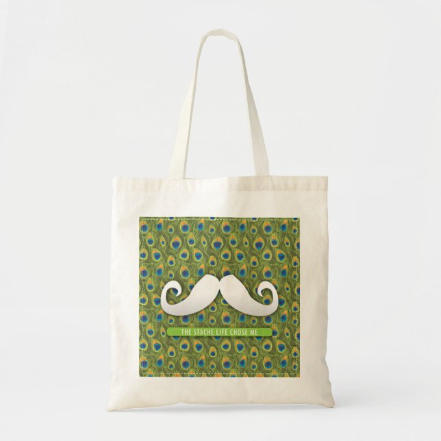 Cute Funny Moustache Tote Bag with Peacock Print (Front)