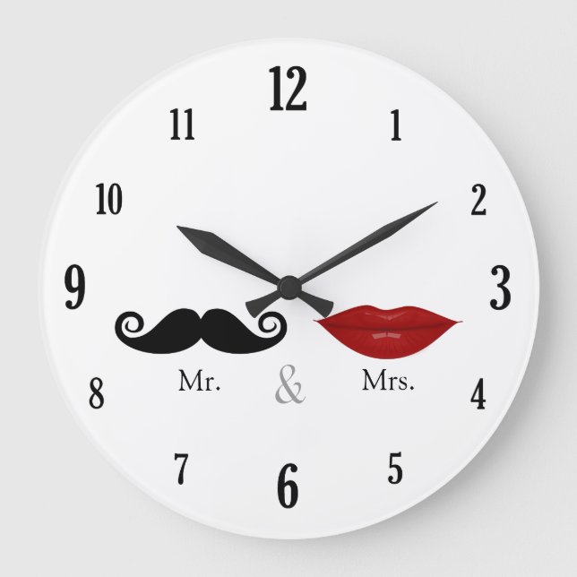 Cute & Funny - Mr. and Mrs. Lips & Moustache Large Clock (Front)