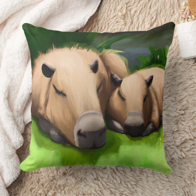 Cute Funny Napping Capybaras by the Pond Throw Pillow (Blanket)