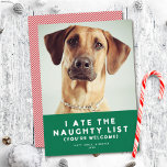 Cute Funny Naughty List Pet Holiday Photo Card<br><div class="desc">This funny holiday photo card features a festive green background with the greeting "I ate the naughty list (you're welcome)" and one photo. This design accommodates a single square photo on the front of the card. On the reverse side is a red and white diagonal stripe background, to which you...</div>