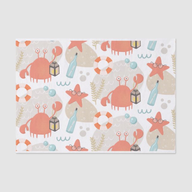 Cute funny nautical animals. Sea crab, starfish  Tissue Paper (Front)