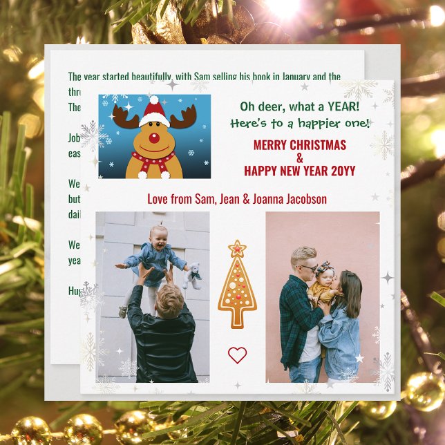 Cute Funny Oh Deer Rudolph Xmas Tree Letter Photos Holiday Card (Funny Rudolph Oh Deer What a Year 2 Photos Merry Christmas Happy New Year Cute Elegant Xmas Tree)