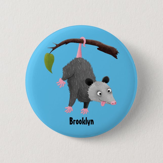 Cute funny opossum hanging from branch cartoon 2 inch round button (Front)
