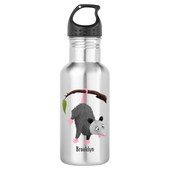 Cute funny opossum hanging from branch cartoon 532 ml water bottle (Front)