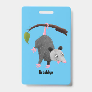 Cute funny opossum hanging from branch cartoon badge
