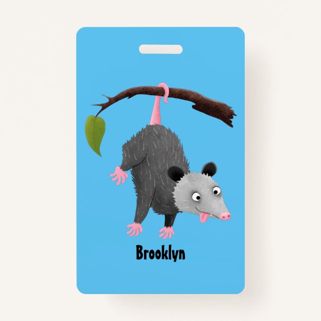 Cute funny opossum hanging from branch cartoon badge (Front)