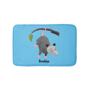 Cute funny opossum hanging from branch cartoon bath mat