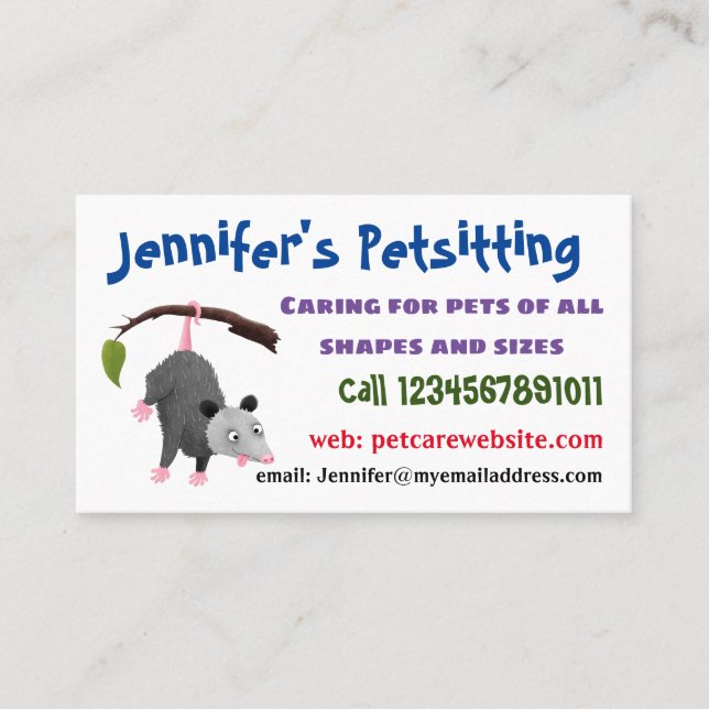 Cute funny opossum hanging from branch cartoon business card (Front)