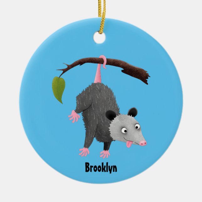 Cute funny opossum hanging from branch cartoon ceramic ornament (Front)