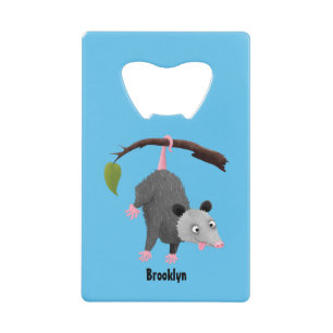 Cute funny opossum hanging from branch cartoon credit card bottle opener