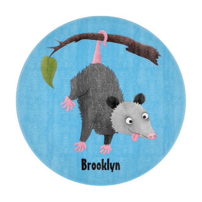 Cute funny opossum hanging from branch cartoon cutting board (Front)