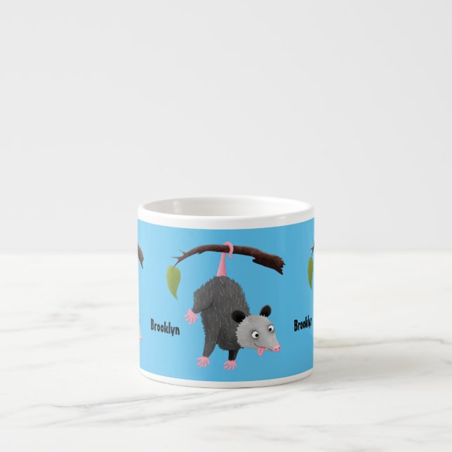 Cute funny opossum hanging from branch cartoon  espresso cup (Front)