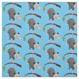 Cute funny opossum hanging from branch cartoon fabric