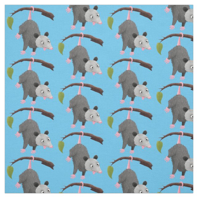 Cute funny opossum hanging from branch cartoon fabric (Swatch)