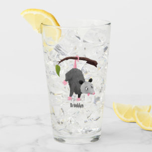 Cute funny opossum hanging from branch cartoon glass