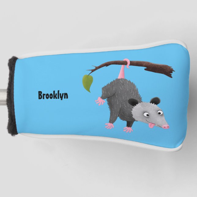 Cute funny opossum hanging from branch cartoon golf head cover (Front)
