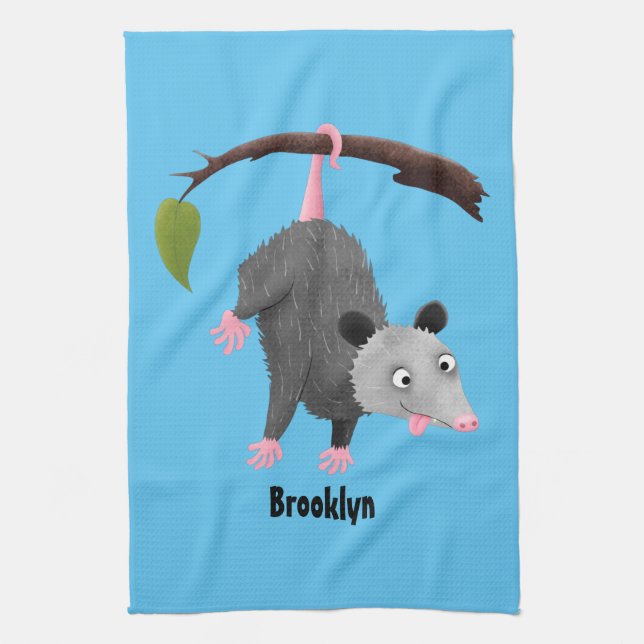 Cute funny opossum hanging from branch cartoon kitchen towel (Vertical)