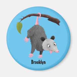 Cute funny opossum hanging from branch cartoon magnet