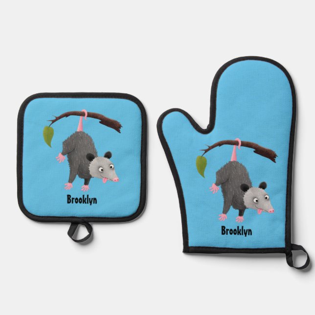 Cute funny opossum hanging from branch cartoon  oven mitt & pot holder set (Front)