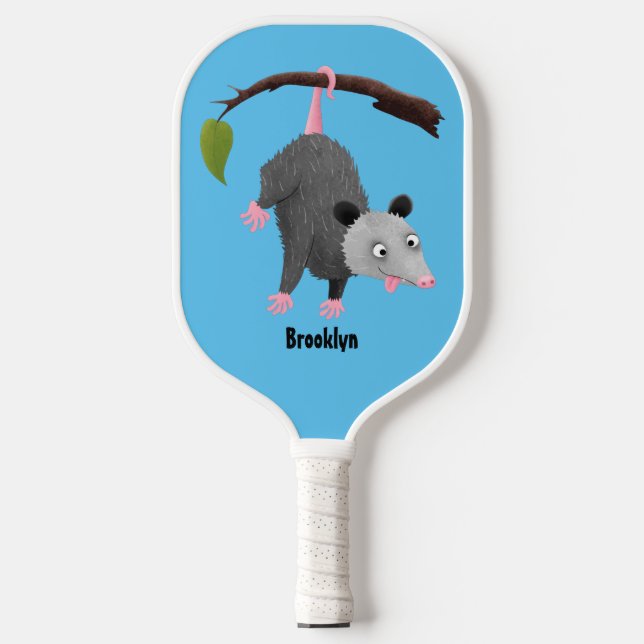 Cute funny opossum hanging from branch cartoon pickleball paddle (Front)