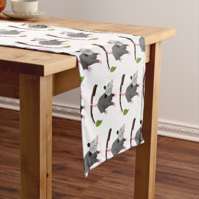 Cute funny opossum hanging from branch cartoon short table runner (In Situ)