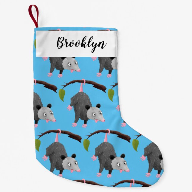 Cute funny opossum hanging from branch cartoon small christmas stocking (Front)