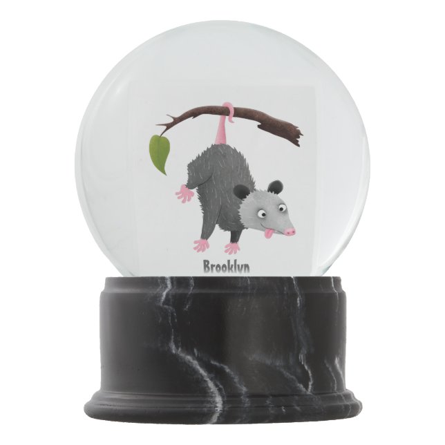 Cute funny opossum hanging from branch cartoon snow globe (Front)