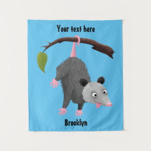 Cute funny opossum hanging from branch cartoon tapestry