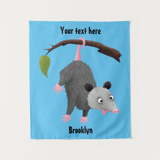 Cute funny opossum hanging from branch cartoon tapestry (Front)