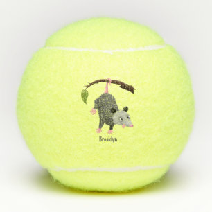 Cute funny opossum hanging from branch cartoon tennis balls