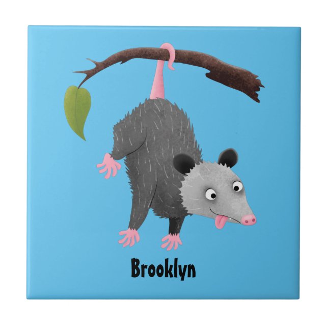 Cute funny opossum hanging from branch cartoon tile (Front)