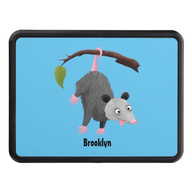 Cute funny opossum hanging from branch cartoon  trailer hitch cover (Front)