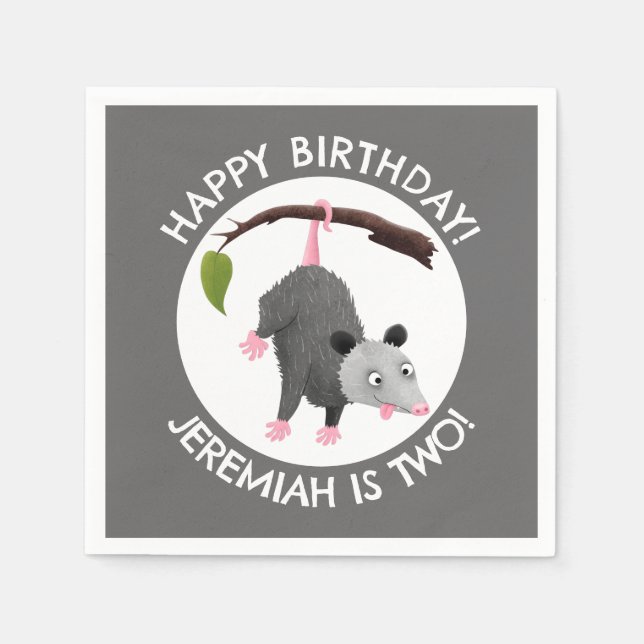 Cute funny opossum personalized birthday cartoon napkin (Front)