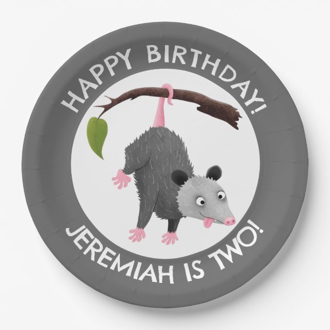 Cute funny opossum personalized birthday cartoon paper plate (Front)