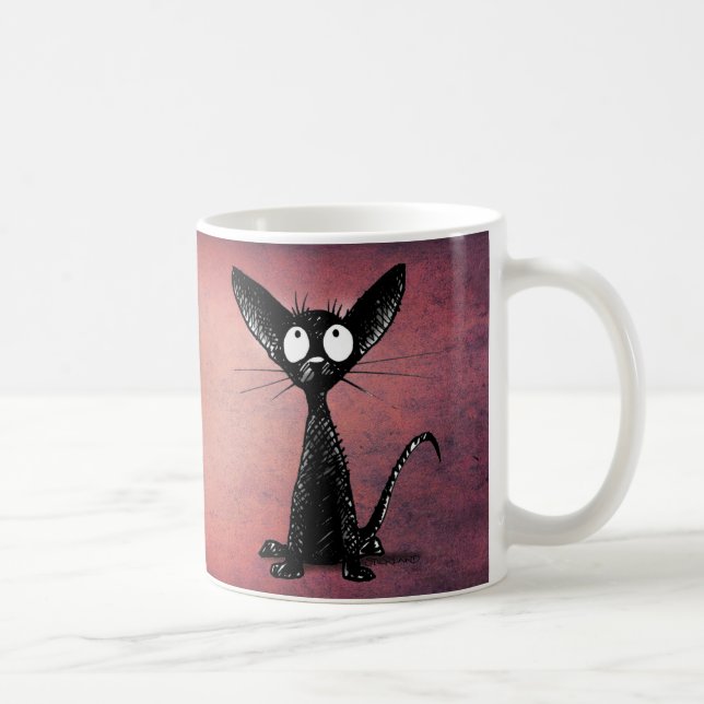 Cute Funny Oriental Black Cat Art on Pink Coffee Mug (Right)