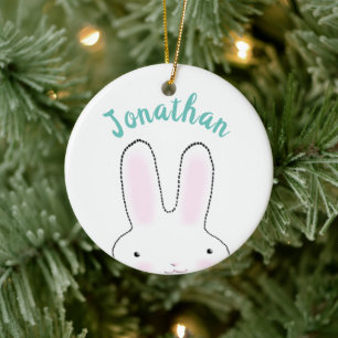 Cute funny peeking bunny cartoon personalized kids ceramic ornament