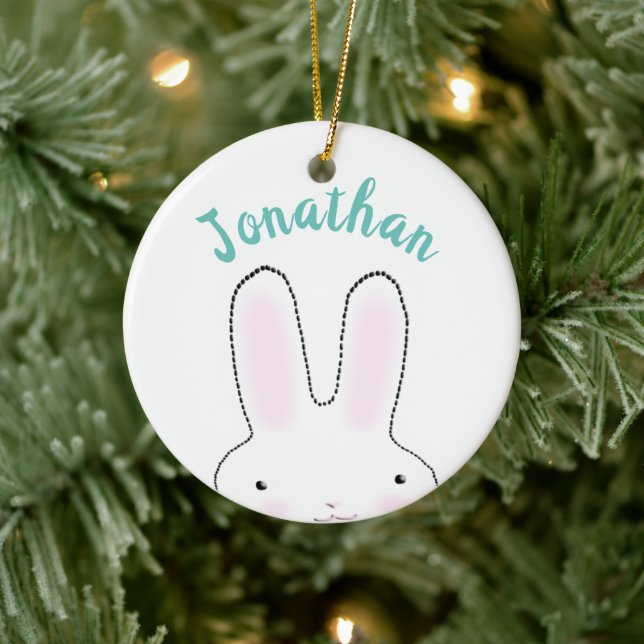 Cute funny peeking bunny cartoon personalized kids ceramic ornament (Tree)