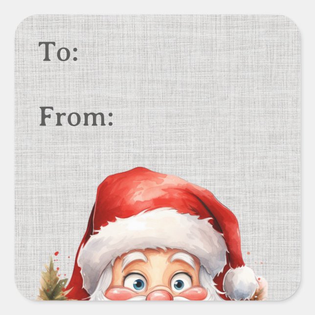Cute Funny Peeking Père Noël Étiquette cadeau (Devant)
