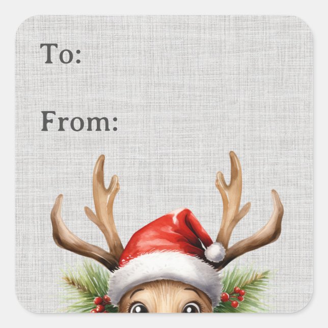 Cute Funny Peeking Reindeer Étiquette cadeau (Devant)