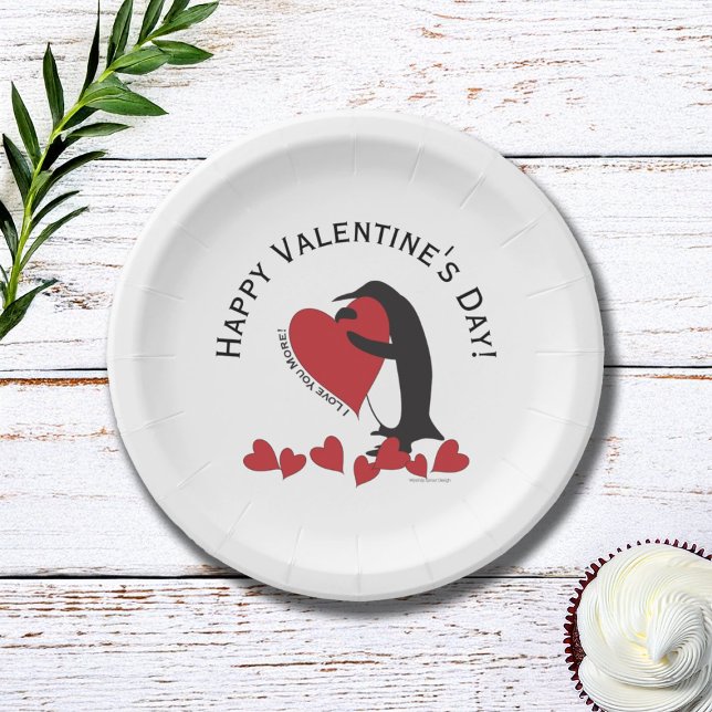 Cute Funny Penguin Red Heart Valentine's Day Paper Plate (Creator Uploaded)