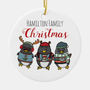 Cute Funny Penguins   Custom Family Christmas Ceramic Ornament
