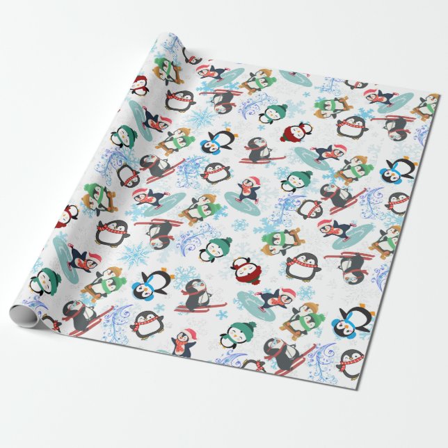 Cute Funny penguins winter sports Christmas  Wrapping Paper (Unrolled)
